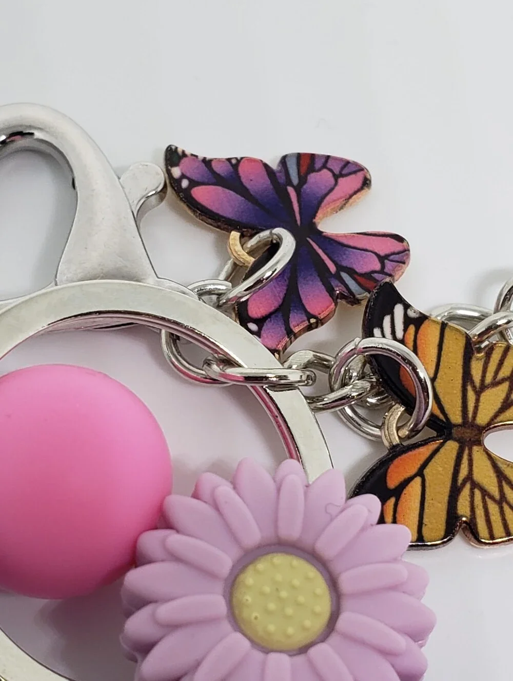 Handmade SiIicone Focal Beaded Pink Purple Flower Butterfly Wristlet Keychain